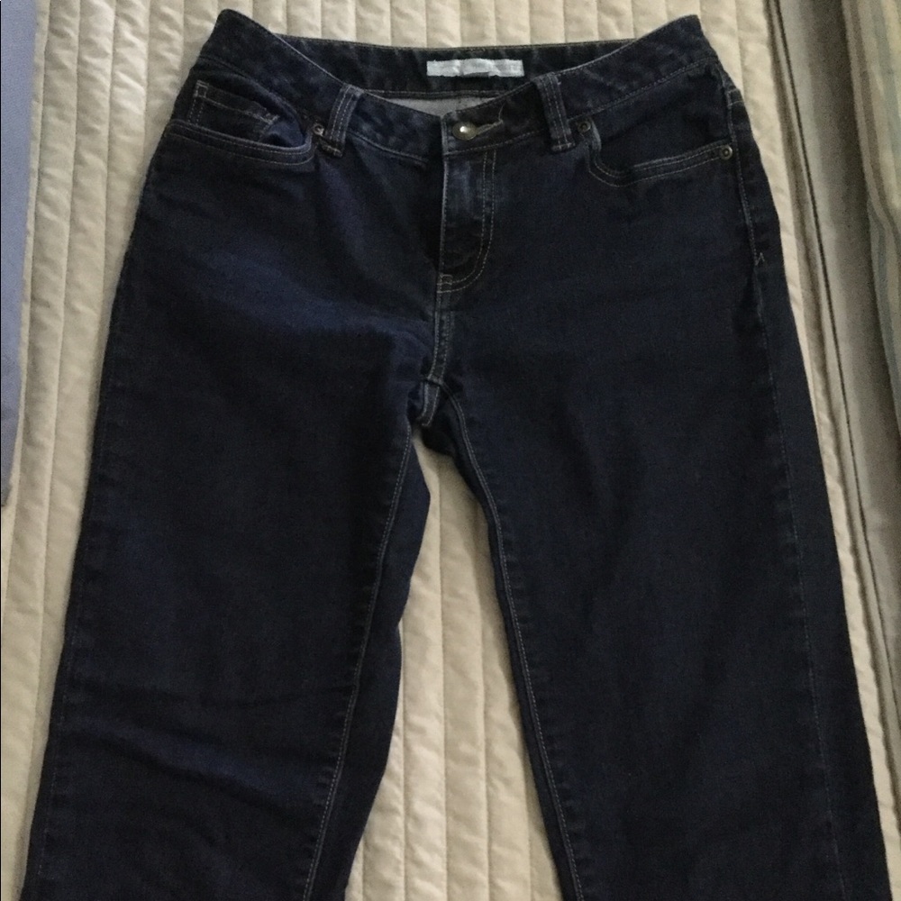 Straight leg, dark wash long jeans.